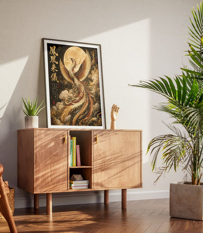 Japanese Phoenix Wall Art – Golden Moon Mythical Bird Asian Art Poster