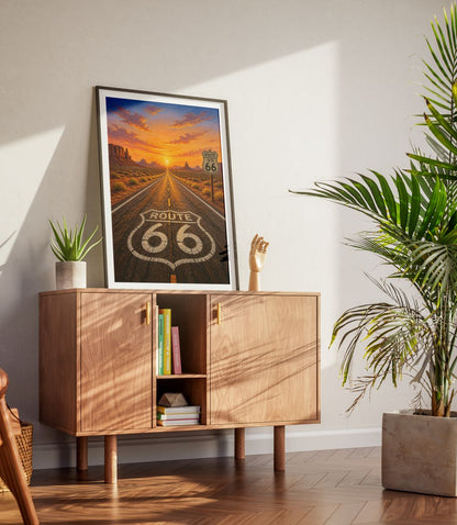 Route 66 Sunset Wall Art - Vintage American Highway Desert Landscape Poster