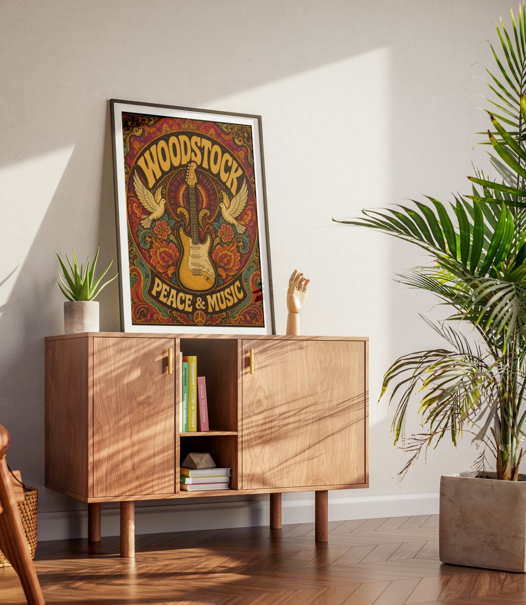 Woodstock Peace & Music Wall Art – Vintage Psychedelic Guitar Hippie Poster