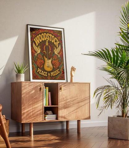 Woodstock Peace & Music Wall Art – Vintage Psychedelic Guitar Hippie Poster