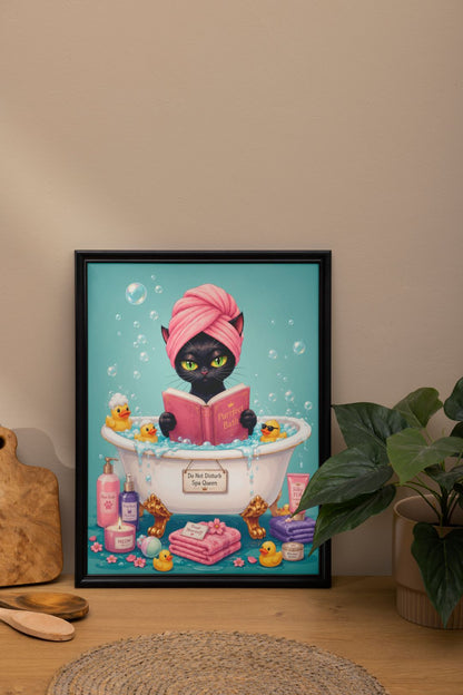 Black Cat Spa Wall Art - Funny Bathtub Poster - Whimsical Bathroom Decor