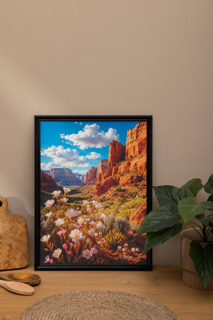 Southwest Canyon Wall Art – Red Rock Desert and Wildflower Landscape Poster