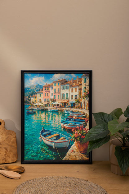 Mediterranean Harbor Wall Art – Colorful Coastal Village and Fishing Boats Poster
