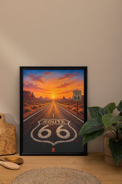 Route 66 Sunset Wall Art - Vintage American Highway Desert Landscape Poster