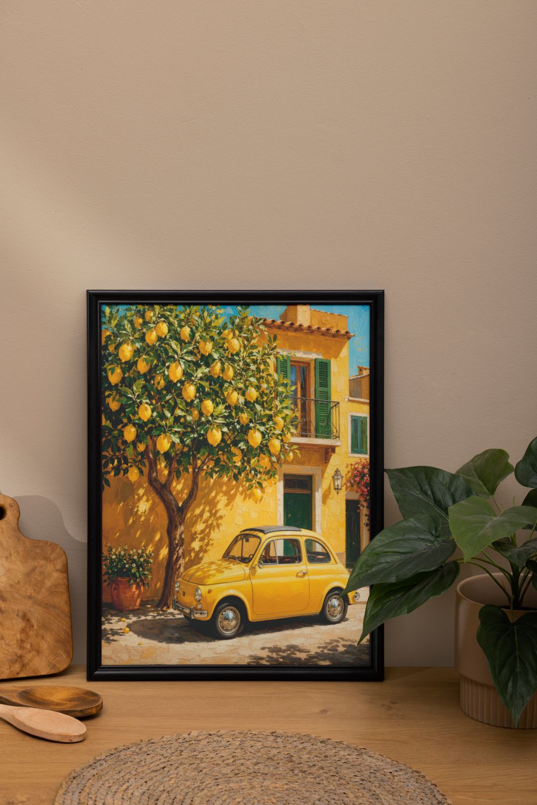 Italian Lemon Tree Wall Art – Vintage Mediterranean Yellow Car Tuscany Poster