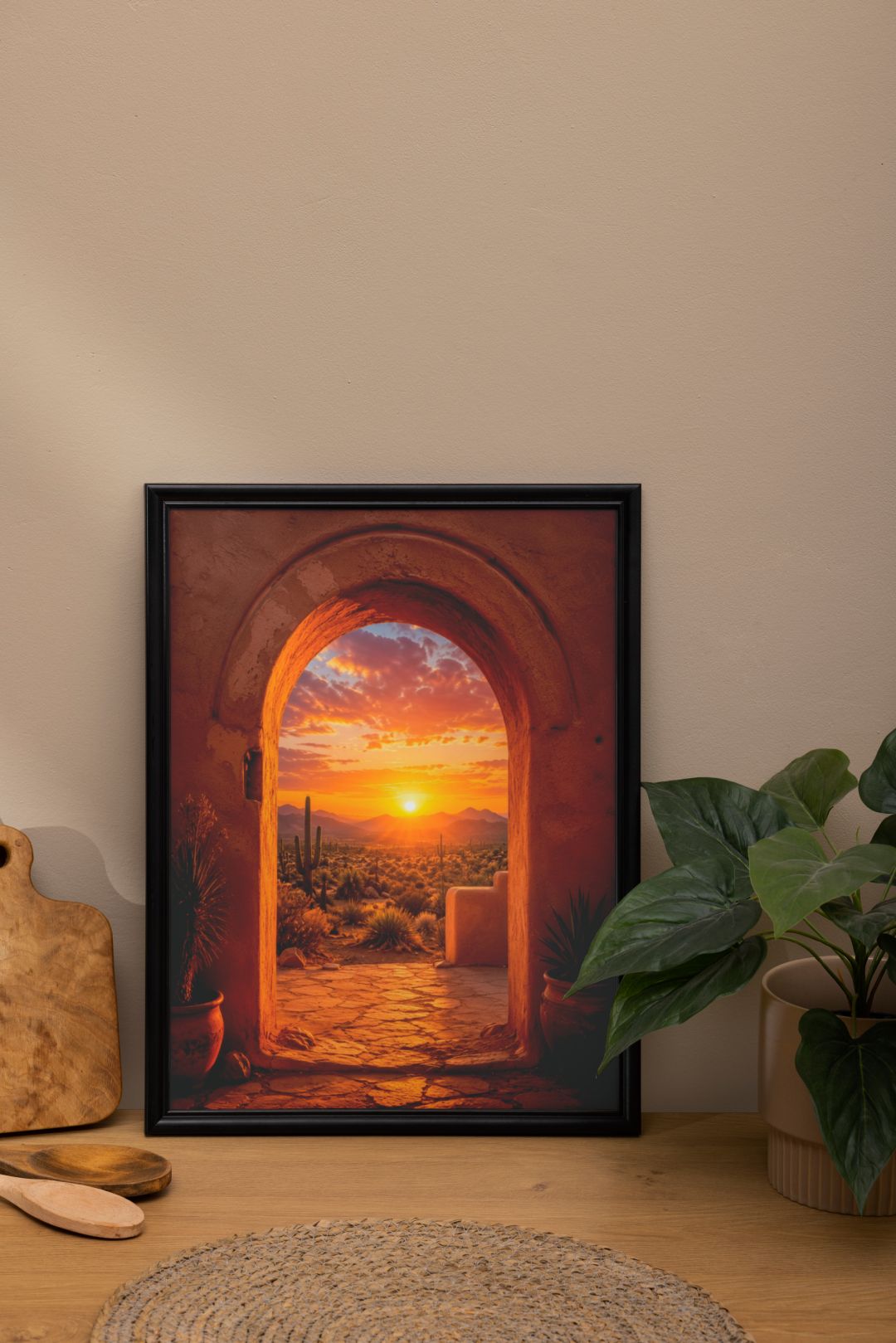 Southwest Desert Sunset Wall Art – Arizona Adobe Arch and Cactus Landscape Poster