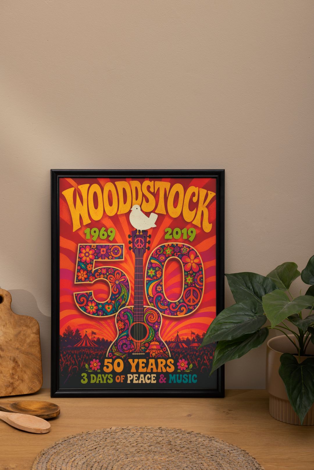 Woodstock 50 Years Wall Art – Retro Hippie Peace & Music Festival Poster