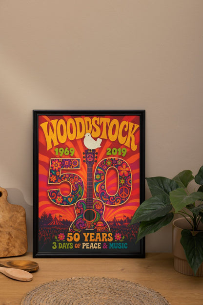 Woodstock 50 Years Wall Art – Retro Hippie Peace & Music Festival Poster