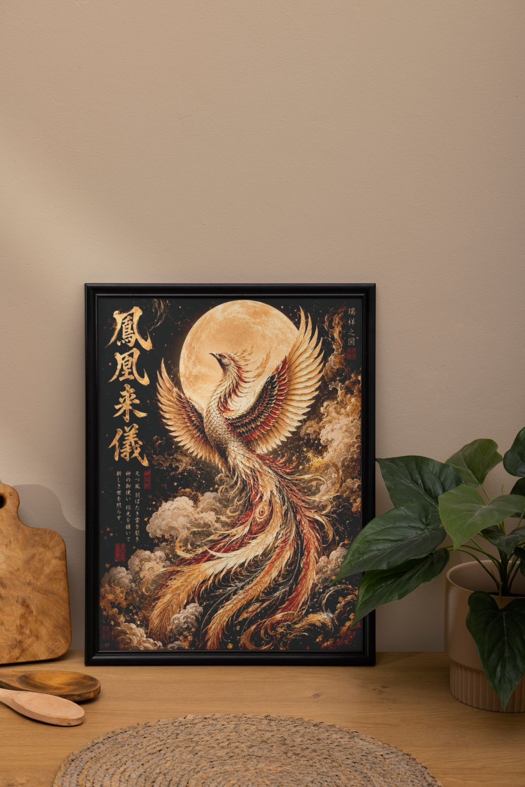 Japanese Phoenix Wall Art – Golden Moon Mythical Bird Asian Art Poster