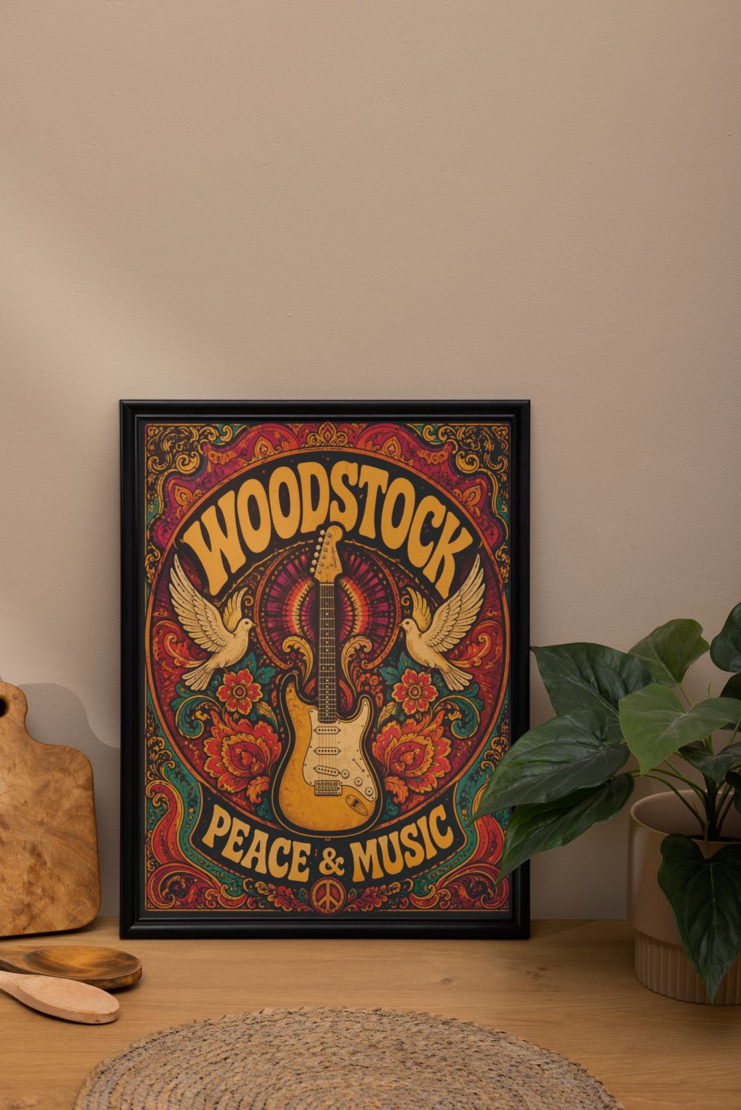 Woodstock Peace & Music Wall Art – Vintage Psychedelic Guitar Hippie Poster