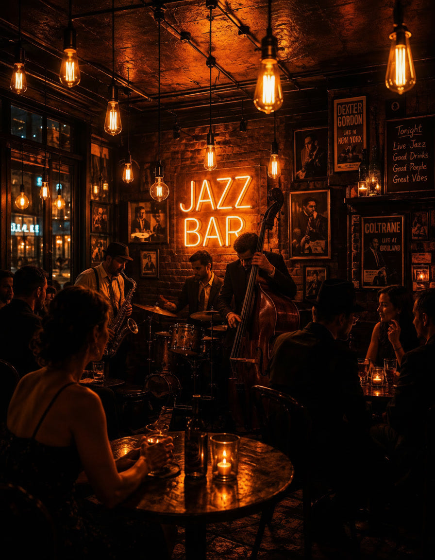 Vintage Jazz Bar Wall Art – Moody Live Music Lounge & Neon Night Poster