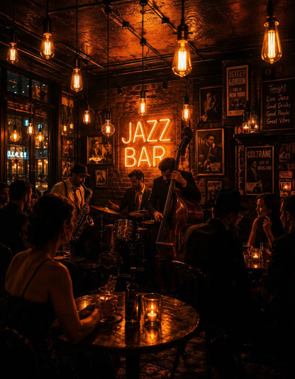 Vintage Jazz Bar Wall Art – Moody Live Music Lounge & Neon Night Poster