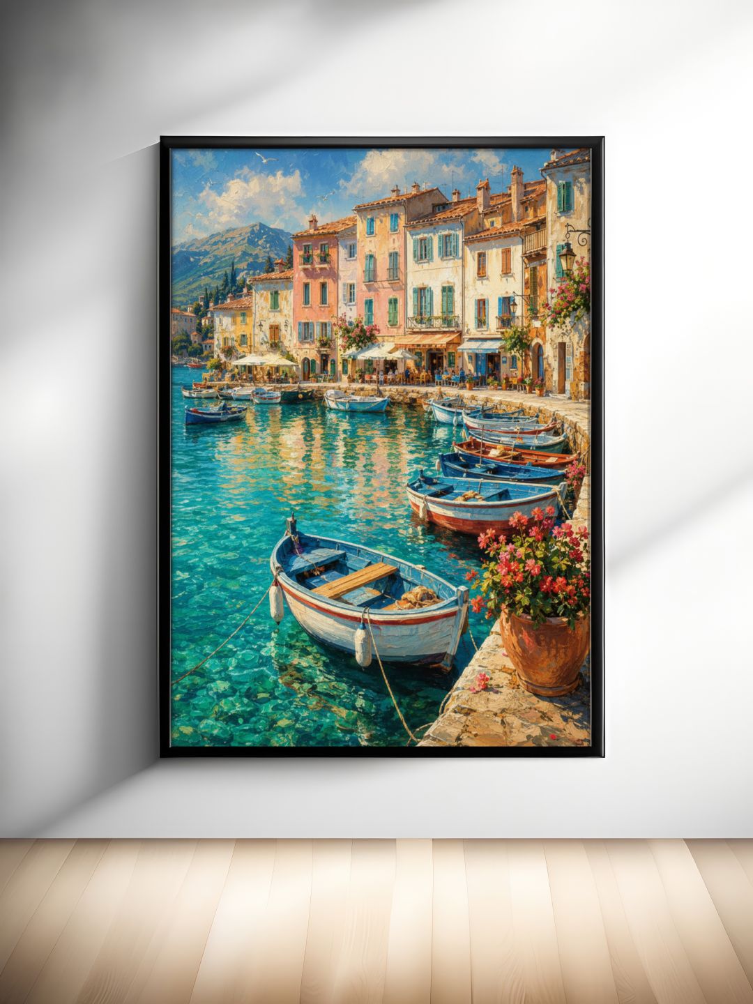 Mediterranean Harbor Wall Art – Colorful Coastal Village and Fishing Boats Poster