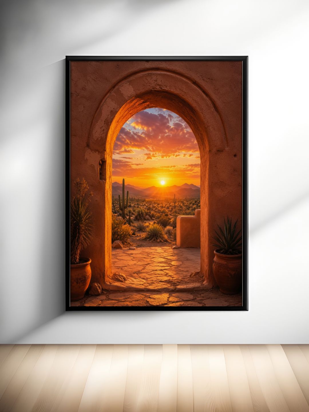 Southwest Desert Sunset Wall Art – Arizona Adobe Arch and Cactus Landscape Poster