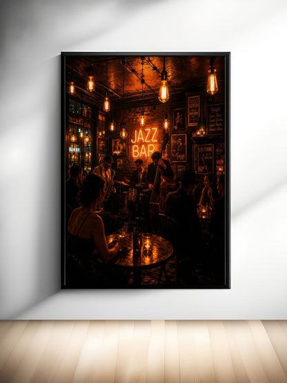 Vintage Jazz Bar Wall Art – Moody Live Music Lounge & Neon Night Poster