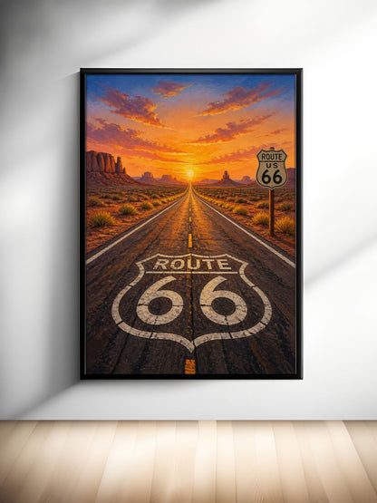 Route 66 Sunset Wall Art - Vintage American Highway Desert Landscape Poster