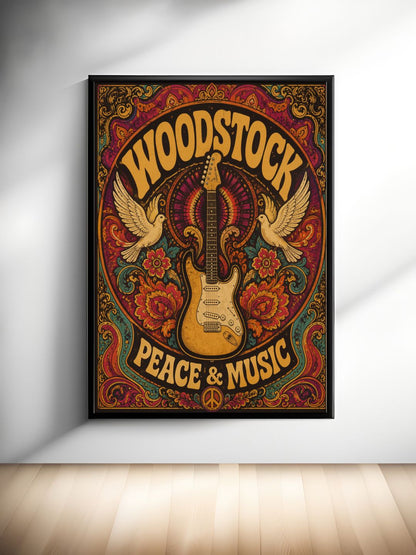 Woodstock Peace & Music Wall Art – Vintage Psychedelic Guitar Hippie Poster