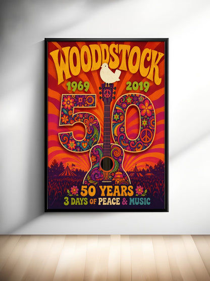 Woodstock 50 Years Wall Art – Retro Hippie Peace & Music Festival Poster