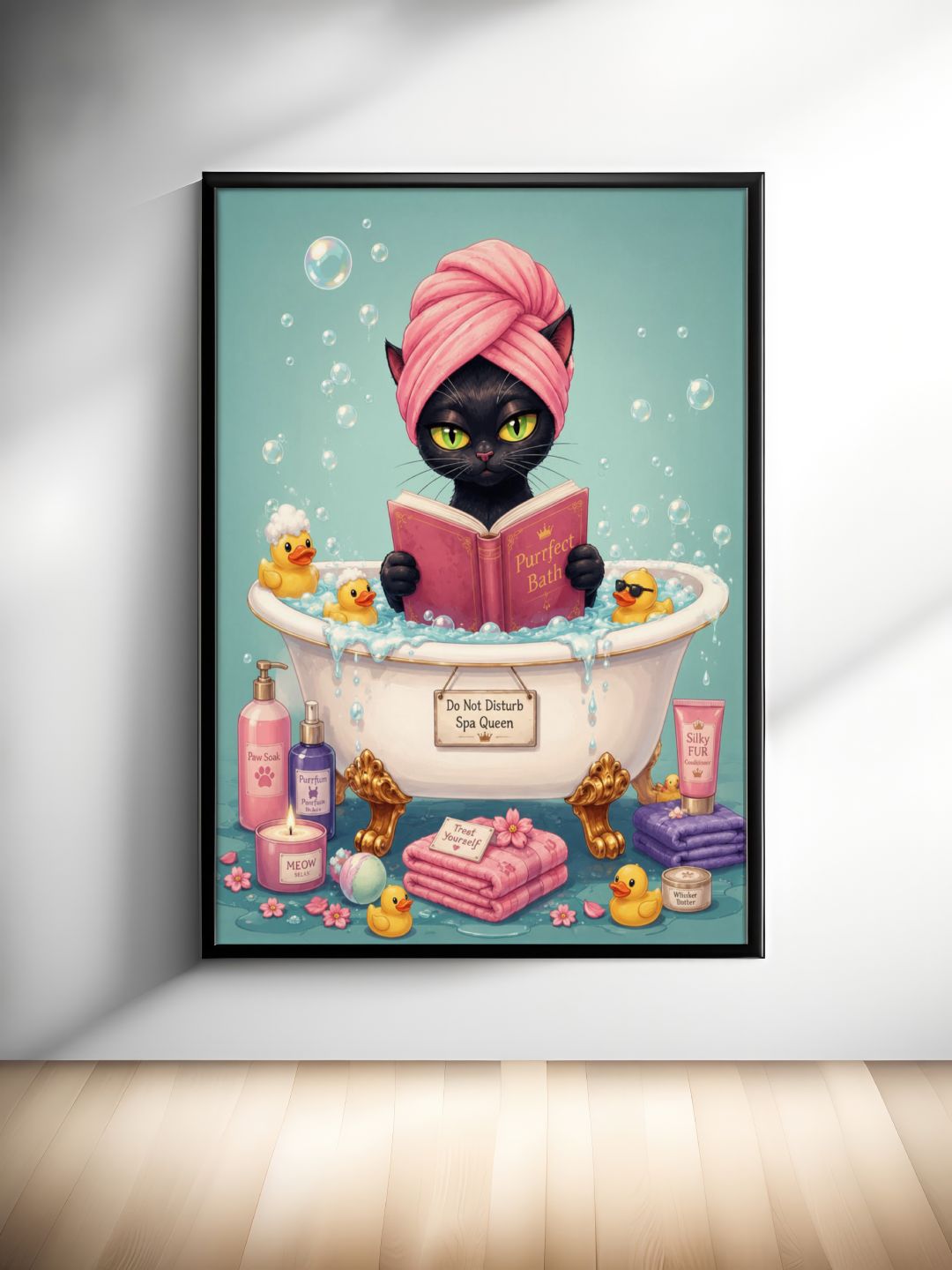 Black Cat Spa Wall Art - Funny Bathtub Poster - Whimsical Bathroom Decor