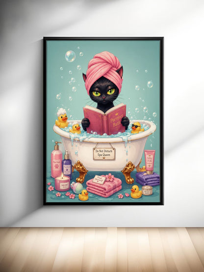 Black Cat Spa Wall Art - Funny Bathtub Poster - Whimsical Bathroom Decor