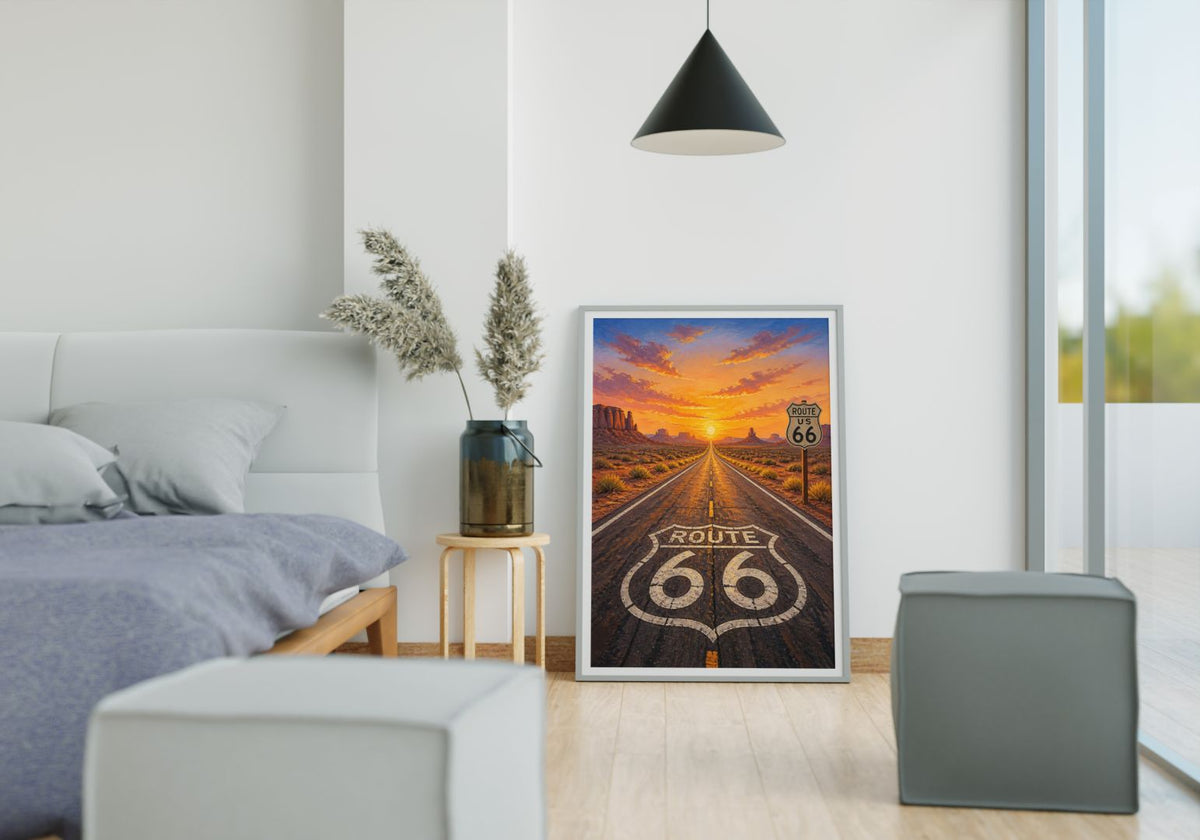 Route 66 Sunset Wall Art - Vintage American Highway Desert Landscape Poster