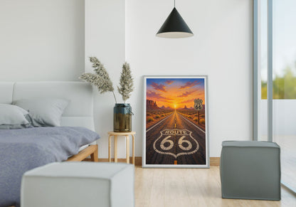 Route 66 Sunset Wall Art - Vintage American Highway Desert Landscape Poster