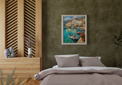 Mediterranean Harbor Wall Art – Colorful Coastal Village and Fishing Boats Poster
