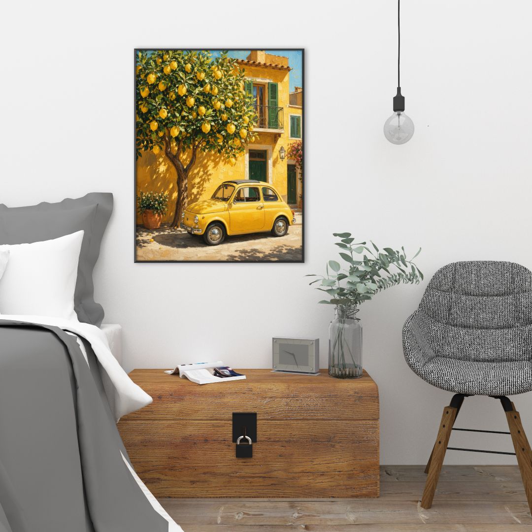 Italian Lemon Tree Wall Art – Vintage Mediterranean Yellow Car Tuscany Poster