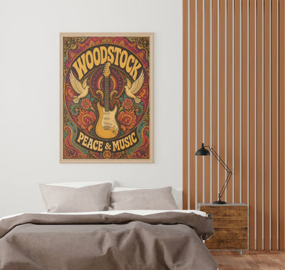 Woodstock Peace & Music Wall Art – Vintage Psychedelic Guitar Hippie Poster