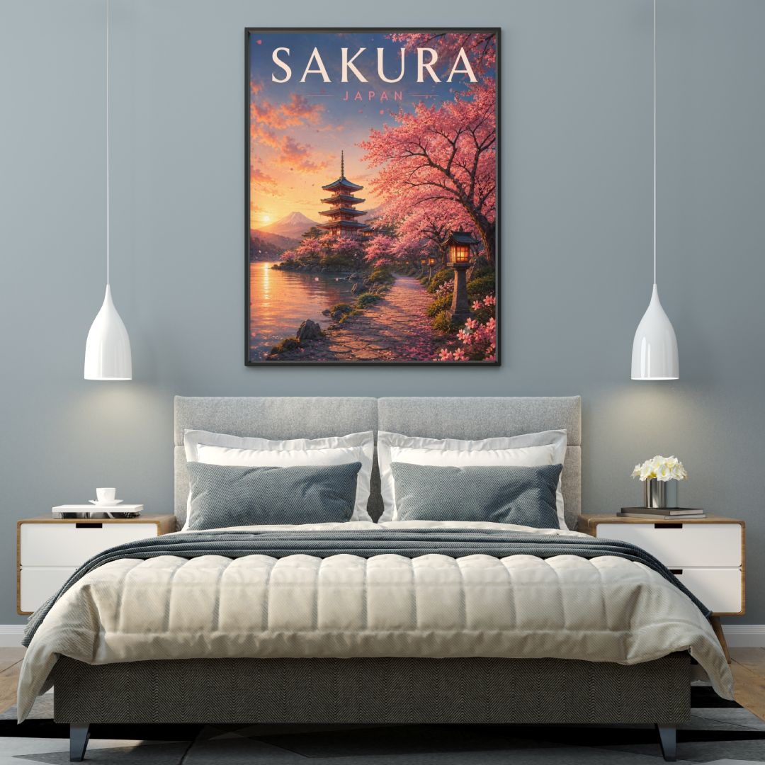 Sakura Japan Wall Art – Mount Fuji Cherry Blossom Japanese Travel Poster
