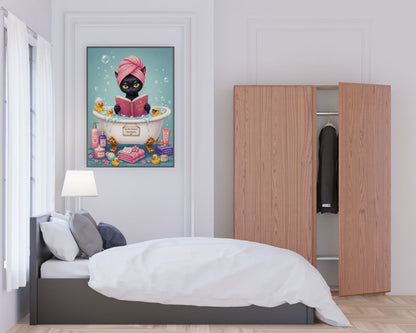 Black Cat Spa Wall Art - Funny Bathtub Poster - Whimsical Bathroom Decor