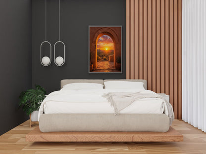 Southwest Desert Sunset Wall Art – Arizona Adobe Arch and Cactus Landscape Poster