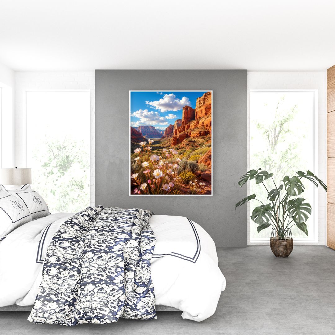 Southwest Canyon Wall Art – Red Rock Desert and Wildflower Landscape Poster