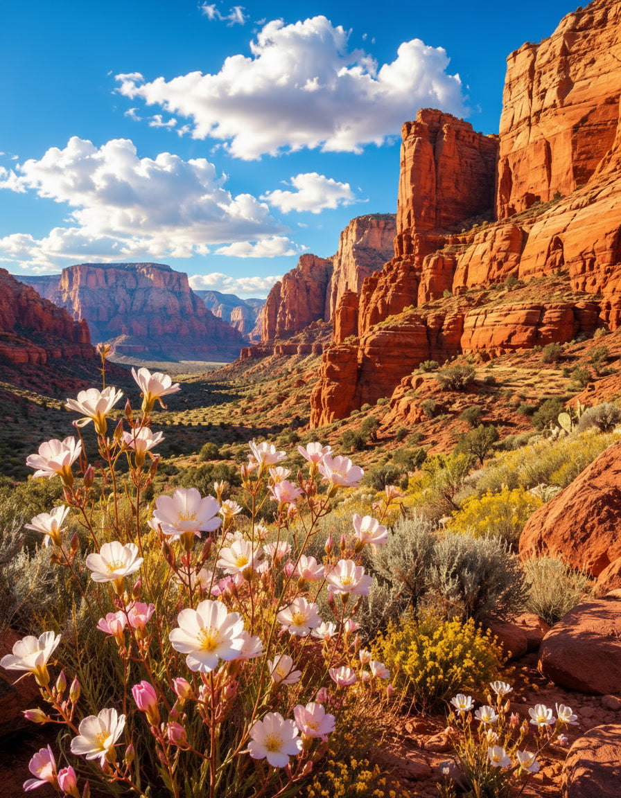 Southwest Canyon Wall Art – Red Rock Desert and Wildflower Landscape Poster