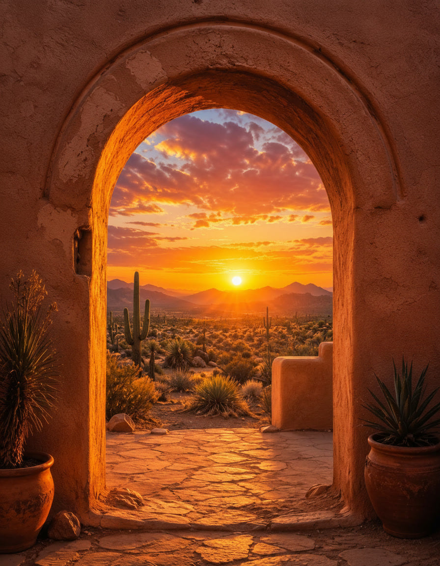 Southwest Desert Sunset Wall Art – Arizona Adobe Arch and Cactus Landscape Poster