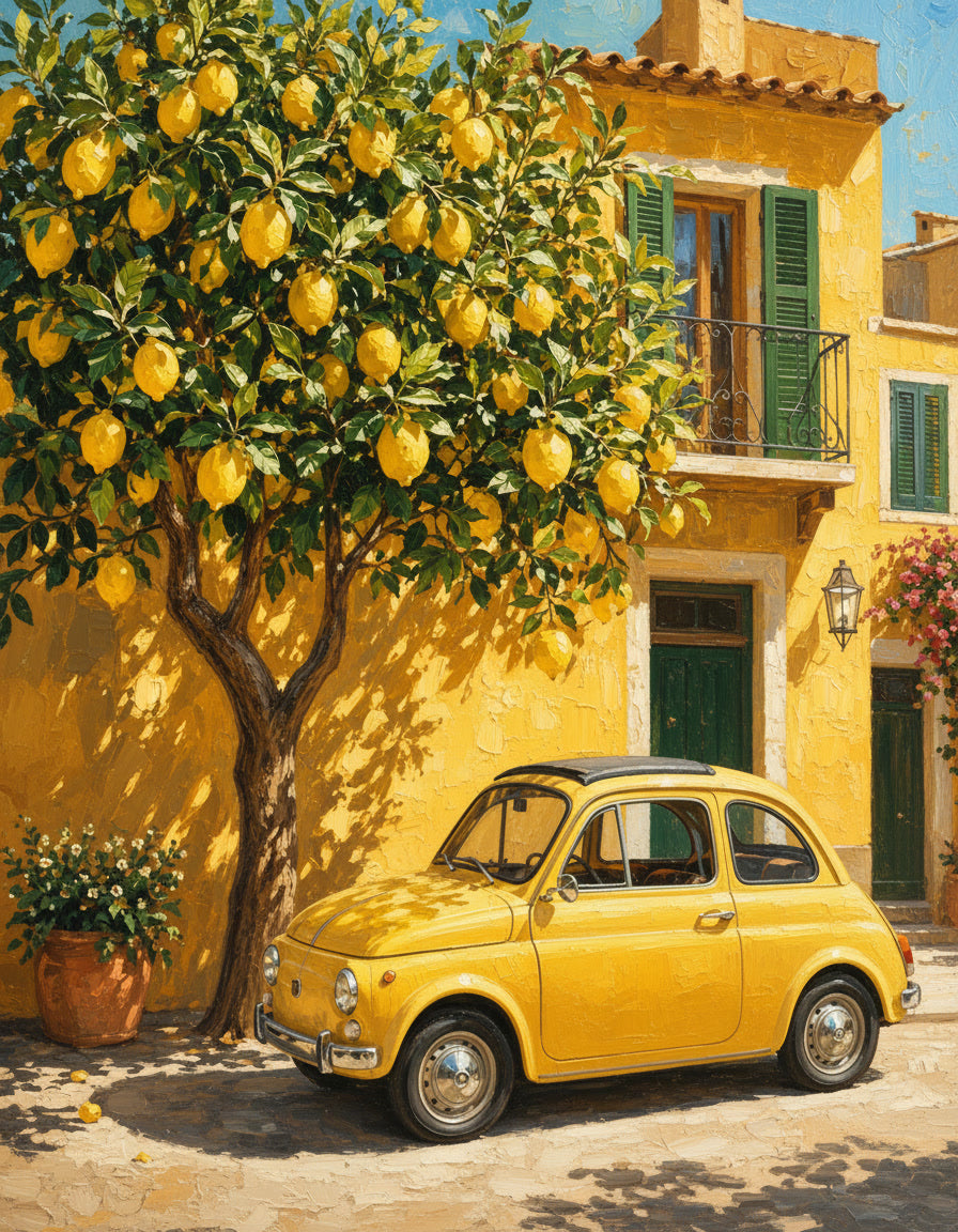 Italian Lemon Tree Wall Art – Vintage Mediterranean Yellow Car Tuscany Poster