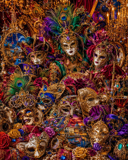 Venetian Masquerade Maximalist Wall Art – Luxury Carnival Masks & Baroque Decor