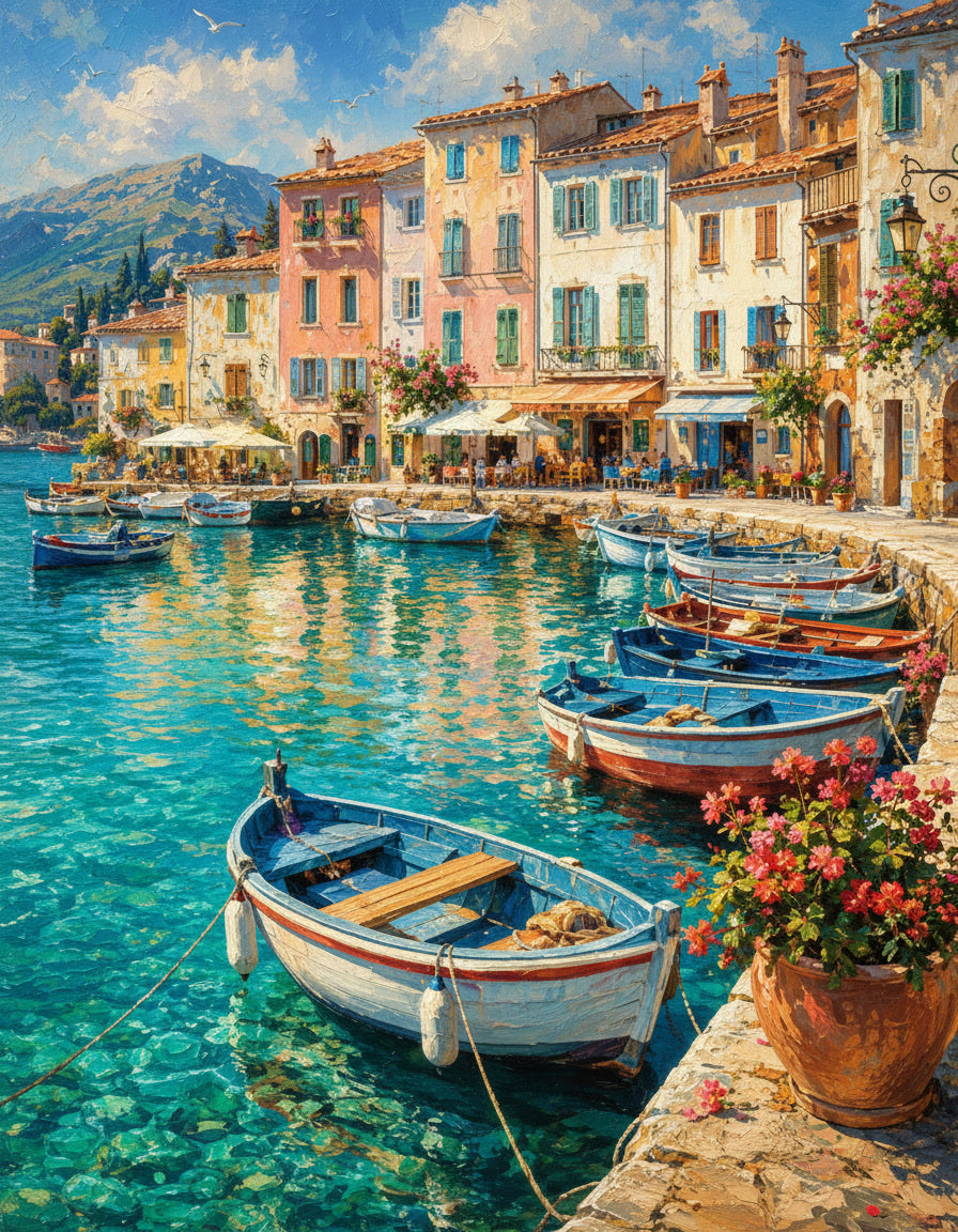 Mediterranean Harbor Wall Art – Colorful Coastal Village and Fishing Boats Poster