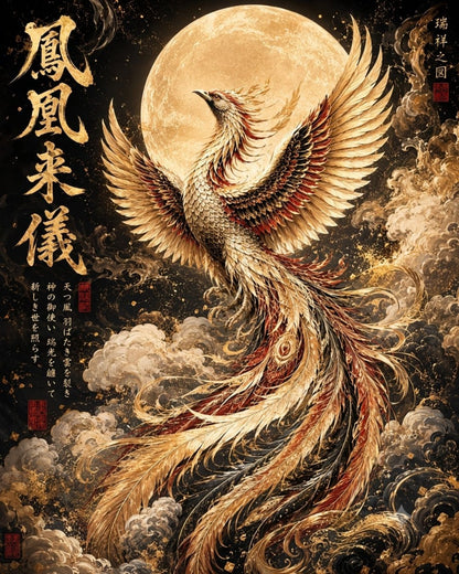 Japanese Phoenix Wall Art – Golden Moon Mythical Bird Asian Art Poster