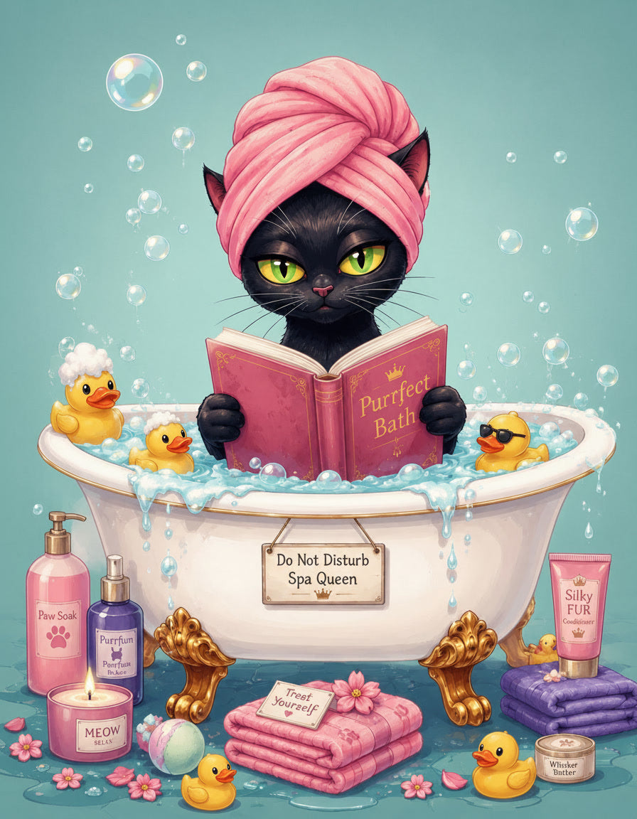 Black Cat Spa Wall Art - Funny Bathtub Poster - Whimsical Bathroom Decor