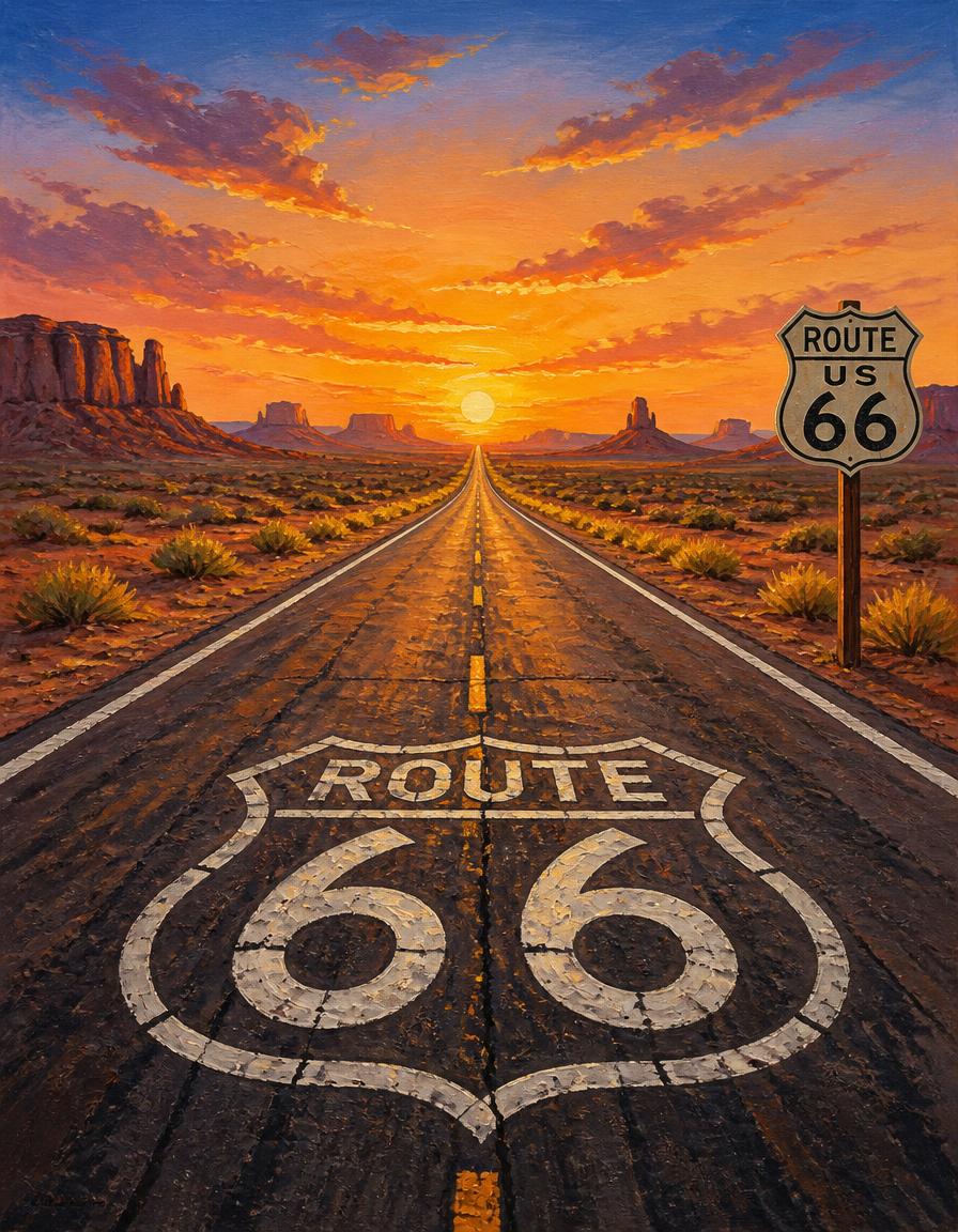 Route 66 Sunset Wall Art - Vintage American Highway Desert Landscape Poster