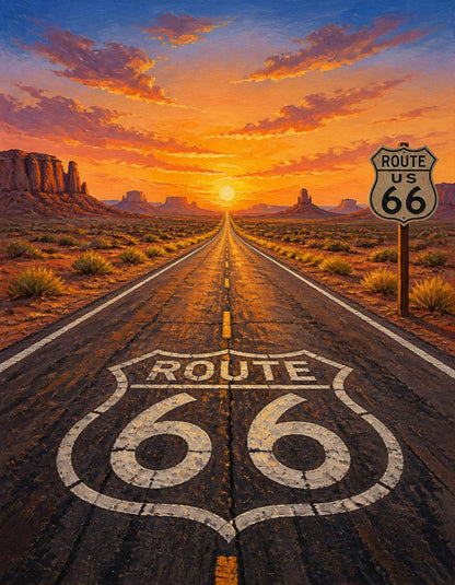 Route 66 Sunset Wall Art - Vintage American Highway Desert Landscape Poster
