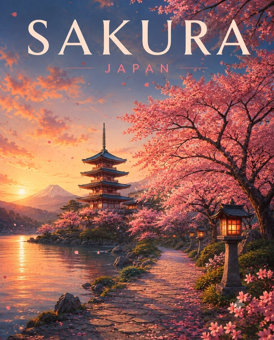 Sakura Japan Wall Art – Mount Fuji Cherry Blossom Japanese Travel Poster