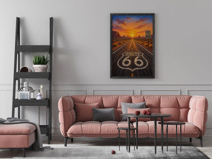 Route 66 Sunset Wall Art - Vintage American Highway Desert Landscape Poster