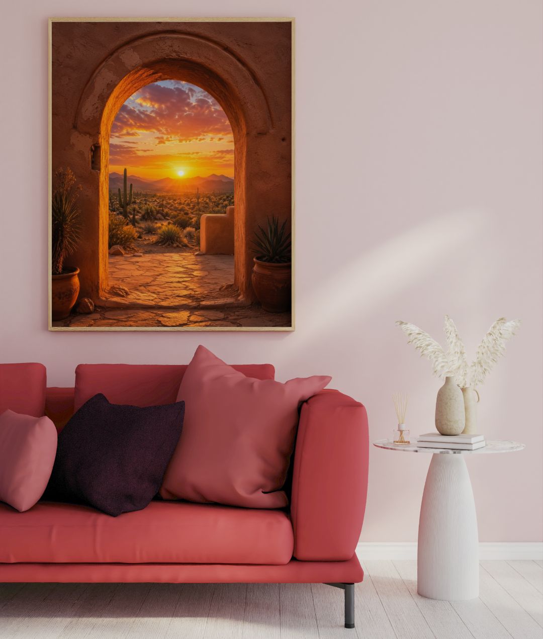 Southwest Desert Sunset Wall Art – Arizona Adobe Arch and Cactus Landscape Poster