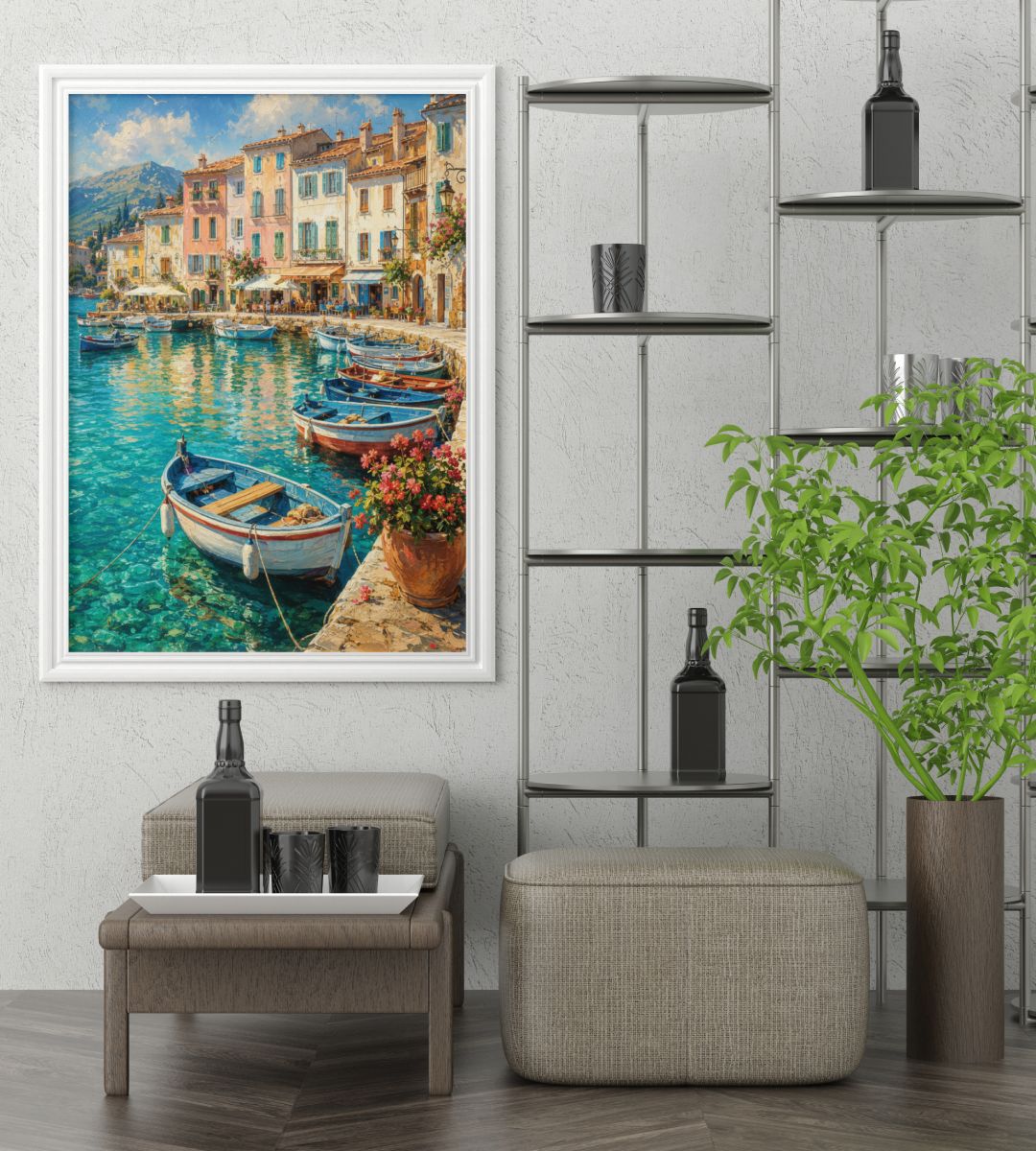 Mediterranean Harbor Wall Art – Colorful Coastal Village and Fishing Boats Poster