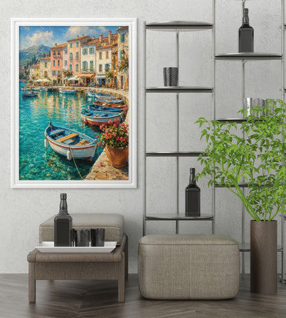 Mediterranean Harbor Wall Art – Colorful Coastal Village and Fishing Boats Poster
