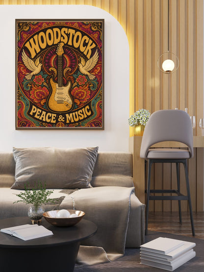Woodstock Peace & Music Wall Art – Vintage Psychedelic Guitar Hippie Poster