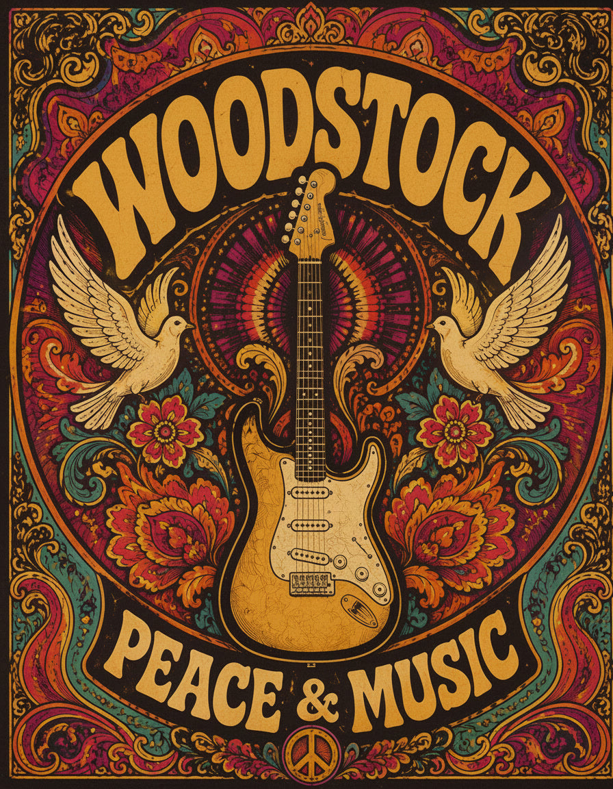 Woodstock Peace & Music Wall Art – Vintage Psychedelic Guitar Hippie Poster