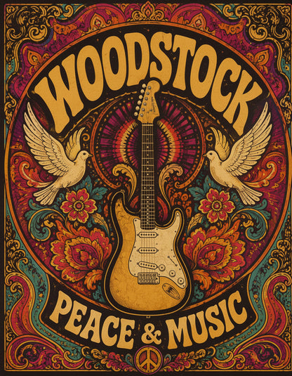 Woodstock Peace & Music Wall Art – Vintage Psychedelic Guitar Hippie Poster